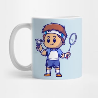 Cute Boy Playing Badminton Cartoon Mug